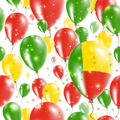 Benin Independence Day Seamless Pattern. Flying Rubber Balloons in Colors of the Beninese Flag. Happy Benin Day Patriotic Card with Balloons, Stars and Sparkles.
