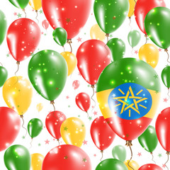 Ethiopia Independence Day Seamless Pattern. Flying Rubber Balloons in Colors of the Ethiopian Flag. Happy Ethiopia Day Patriotic Card with Balloons, Stars and Sparkles.