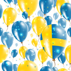 Sweden Independence Day Seamless Pattern. Flying Rubber Balloons in Colors of the Swedish Flag. Happy Sweden Day Patriotic Card with Balloons, Stars and Sparkles.