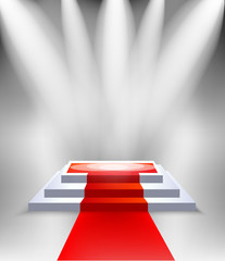  Podium scene with red carpet and light, three square stage. Realistic vector pedestal
