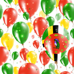 Dominica Independence Day Seamless Pattern. Flying Rubber Balloons in Colors of the Dominican Flag. Happy Dominica Day Patriotic Card with Balloons, Stars and Sparkles.