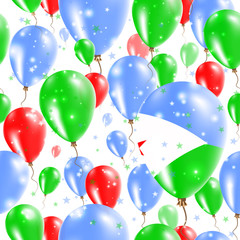Djibouti Independence Day Seamless Pattern. Flying Rubber Balloons in Colors of the Djibouti Flag. Happy Djibouti Day Patriotic Card with Balloons, Stars and Sparkles.
