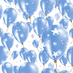 Micronesia Independence Day Seamless Pattern. Flying Rubber Balloons in Colors of the Micronesian Flag. Happy Micronesia Day Patriotic Card with Balloons, Stars and Sparkles.