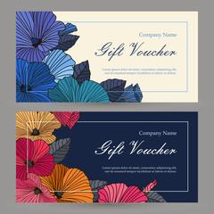 Vector gift voucher floral pattern with flowers. Abstract blue and red flowers. Concept boutique, jewelry, flower shop, beauty salon, spa, fashion, for flyer, banner, business card