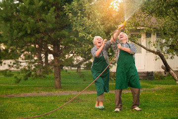 Elderly people having fun. Cheerful couple with garden hose.