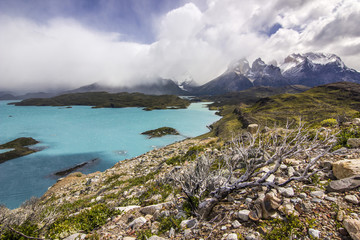 mountains of patagonia at daylight near blue lake from viewpoint