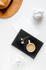 writier tools in profession concept on white background top view