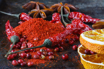 Indian spices selection over dark. Food or spicy cooking concept, Healthy eating Background