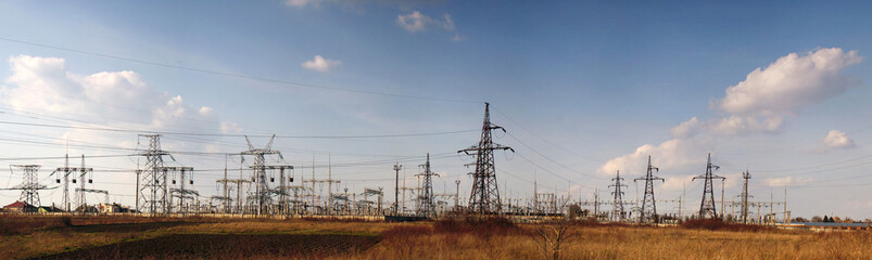 Panorama of high voltage substation. Distribution electrical power.