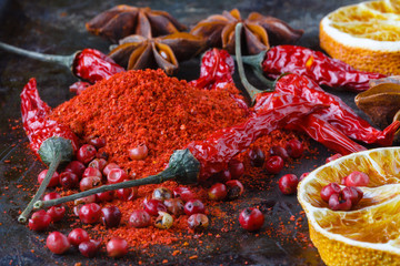 Paprika powder macro shot. Spices. Hot chili. Natural traditional condiment