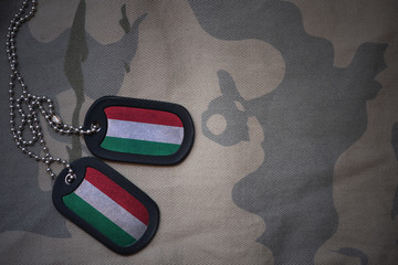 army blank, dog tag with flag of hungary on the khaki texture background. military concept