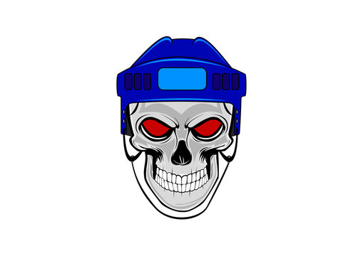 Human skull with blue hockey helmet