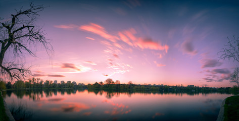 Long exposure with clouds in the spring in the Titan Park, Bucharest, Romania