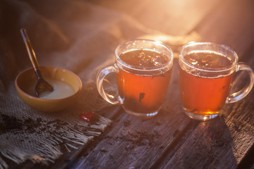 black tea on the wood background