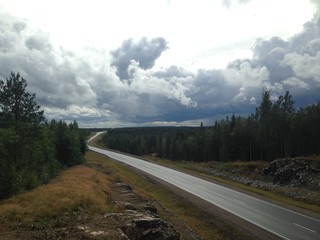 Long way road. Distance, asphalt, sky. Let's hit the road! A road disappears in to the the wide open blue sky, highway, road through colorful forest