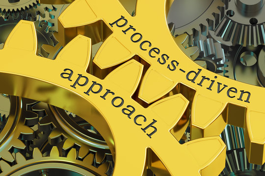 process-driven approach concept on the gearwheels, 3D rendering