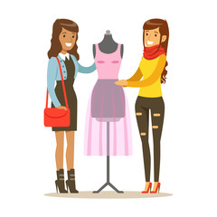 Two Women Discussing Pink Dress On Dummy, Part Of People Using Tailoring And Designer Professional Service Set Of Vector Illustrations