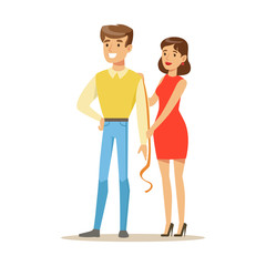 Obraz premium Designer Taiking Measurements For Sleeve Length, Part Of People Using Tailoring And Design Professional Service Set Of Vector Illustrations