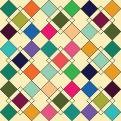 Harlequin geometric seamless patterns. Grey grid pattern with multicolored rhomboids. Vector background in retro abstract style