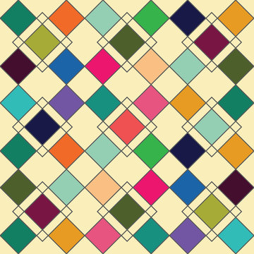 Harlequin geometric seamless patterns. Grey grid pattern with multicolored rhomboids. Vector background in retro abstract style
