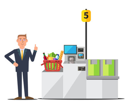 Vector male customer in a business suit using self checkout register. Red shopping basket full of grocery. Grey metal self service machine with cash and card payment, and bagging area
