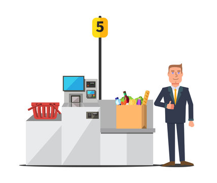 Vector male happy customer in a business suit using self checkout register. Big paper bag full of grocery. Red empty shopping basket. Grey metal self service machine with cash and card payment