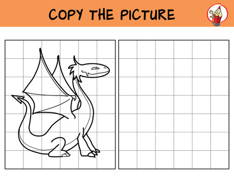 Dragon. Copy the picture. Coloring book. Educational game for children. Cartoon vector illustration