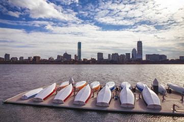 marina boat station. View of Boston in Massachusetts, USA by the Charles River 
