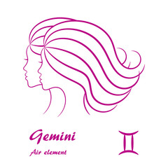 Gemini zodiac sign. Stylized female contour profile.