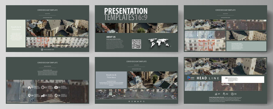 Business templates in HD format for presentation slides. Easy editable abstract vector layouts in flat design. Colorful background made of dotted texture for travel business, urban cityscape.