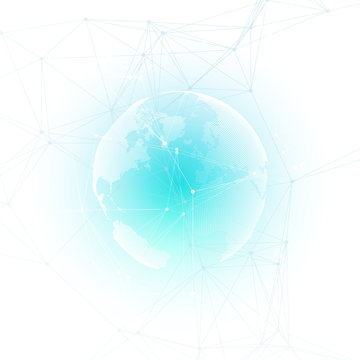Abstract futuristic network shapes. High tech background, connecting lines and dots, polygonal linear texture. World globe on white. Global network connections, geometric design, dig data concept.