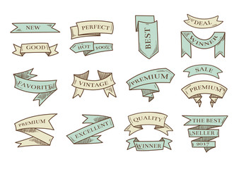 Retro hand drawn cartoon vector ribbons with marketing messages isolated