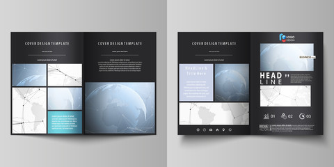 The black colored vector illustration of editable layout of two A4 format modern covers design templates for brochure, flyer, booklet. World globe on blue. Global network connections, lines and dots.
