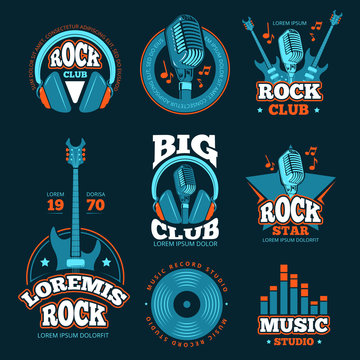 Music studio production vector labels. Musical badges with guitars and microphones