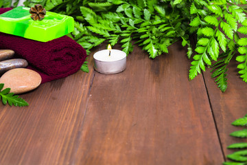 Fresh green fern, candle, stones, green soap and towel for spa