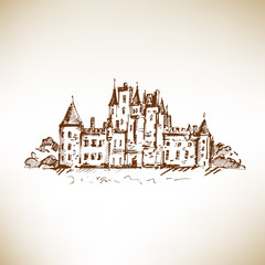 Hand drawn medieval castle sketch. Vector illustration.