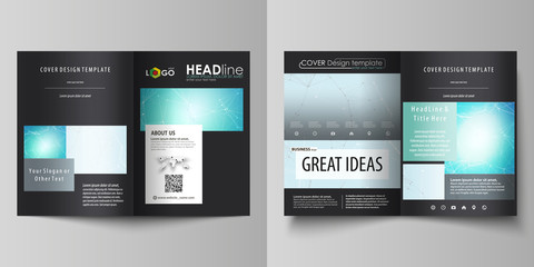 The black colored vector illustration of the editable layout of two A4 format modern covers design templates for brochure, flyer, booklet. Futuristic high tech background, dig data technology concept.