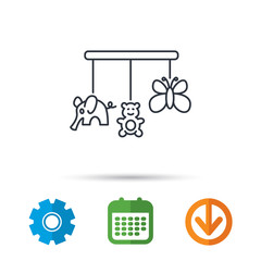 Baby toys icon. Butterfly, elephant and bear sign. Entertainment for newborn symbol. Calendar, cogwheel and download arrow signs. Colored flat web icons. Vector