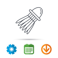 Shuttlecock icon. Badminton sport equipment sign. Speedminton symbol. Calendar, cogwheel and download arrow signs. Colored flat web icons. Vector