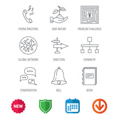 Fototapeta premium Conversation, global network and direction icons. Save nature, maze and book linear signs. Bell and phone ringtone flat line icons. New tag, shield and calendar web icons. Download arrow. Vector