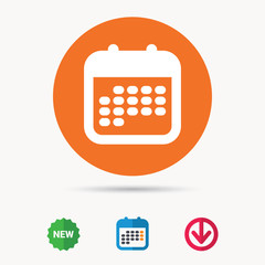 Calendar icon. Events reminder symbol. Calendar, download arrow and new tag signs. Colored flat web icons. Vector