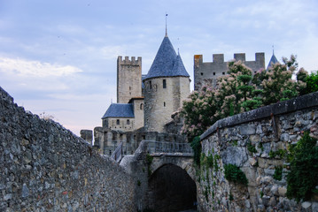 Monumental towers and walls in the old town of Carcassonne, France