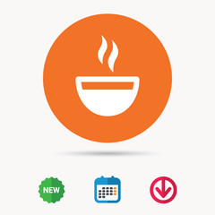 Coffee cup icon. Hot tea drink symbol. Calendar, download arrow and new tag signs. Colored flat web icons. Vector