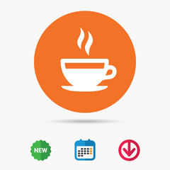 Coffee cup icon. Hot tea drink symbol. Calendar, download arrow and new tag signs. Colored flat web icons. Vector