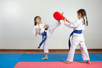 Two little girls demonstrate martial arts working together © 7stock
