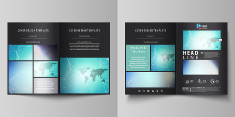 The black colored vector illustration of editable layout of two A4 format modern covers design templates for brochure, flyer, booklet. Molecule structure, connecting lines and dots. Technology concept