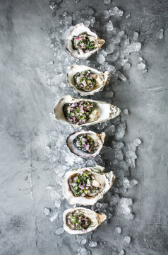 Row of fresh oysters with serrano cilantro mignonette sauce