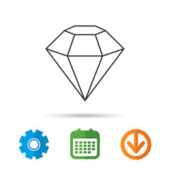 Diamond icon. Brilliant gemstone sign. Calendar, cogwheel and download arrow signs. Colored flat web icons. Vector