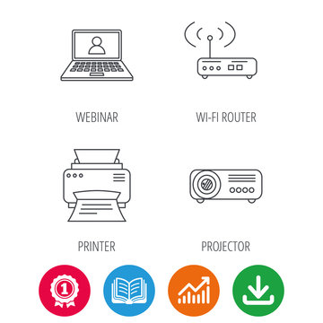 Printer, wi-fi router and projector icons. Webinar linear sign. Award medal, growth chart and opened book web icons. Download arrow. Vector