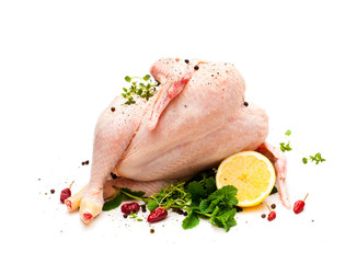 Raw  chicken with herbs and lemon isolated on white background